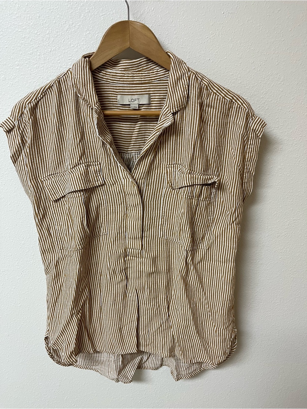LOFT Tan and White Striped Cap-Sleeve Shirt